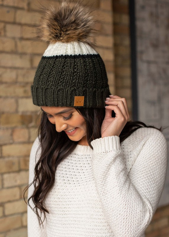 Green/Cream Color Block Pom Beanie